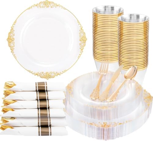 Nervure 175Pcs Clear Gold Plates, Disposable Party Plates for 25 Guests by Nervure