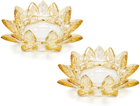 Large Crystal Lotus Tealight Candle Holder for Up to 6" Diameter Pillar Candle Plate Candlestick,Chunky Glass Votive Stand for Wedding, Party, Table Centerpiece Decor and Yoga Meditation (2, Gold) by KOLNLALA