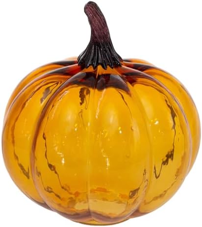 Boston International Hand Blown Glass Pumpkin Tabletop Mantel Shelf Fall Autumn Thanksgiving Halloween Decorations for Home, Large, Amber Orange by BostonInternational