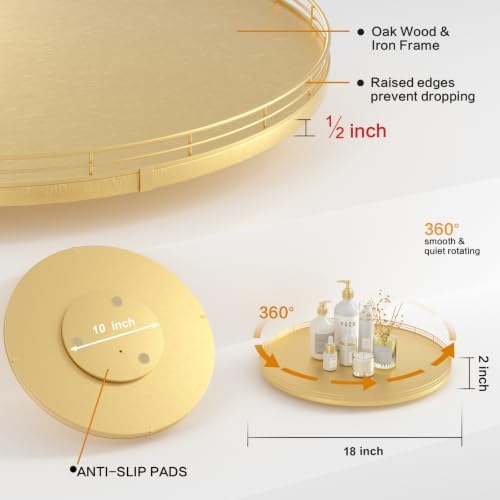 Oroyutor 18-Inch Oak Lazy Susan Organizer with Gold Metal Rail - Image 6