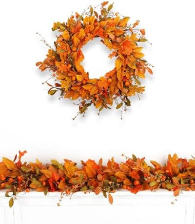 Fall Wreath for Front Door 24 inch Autumn Leaves Pumpkin Outdoor - Image 3