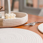 5-Piece Round Cotton Rope Placemats & Holder, Warm Ivory - Image 4