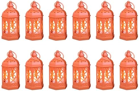 12Pack Mini Lanterns for Ramadan, Halloween, Christmas, Small Lanterns with Flickering LED Candle for Enchanted Forest Wedding, Moroccan Lantern for Table Centerpiece, Medieval Decor, Orange by ReperlaSpecialMiniSmallLanternDecoration
