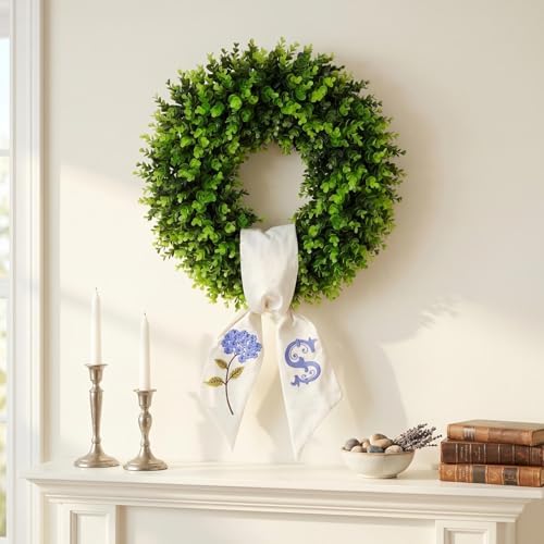 Boxwood Wreath for Front Door Spring Summer Wreaths Farmhouse Hanger,Last Name Initial Year Round Porch Decor,Wreath with Personalized Monogram sash Embroidered Pattern for Multi occasion-20inch (S) - Image 4