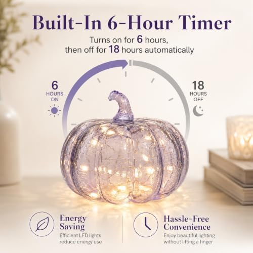 Lavender Crackle Glass Pumpkin Light, 5.5 Inch Battery Operated LED Pumpkin Decor with 6H Timer, Twinkle & Steady Glow, Fall Halloween Thanksgiving Christmas Table Decoration - Image 5