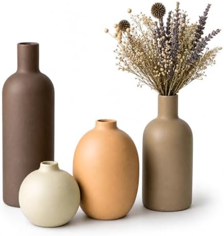 Ceramic Vase Set of 4 – Handmade Modern Minimalist Vases for Dried or Fresh Flowers, Matte Decorative Neutral Vases for Living Room, Table, Shelf & Entryway by OLACHIKKO