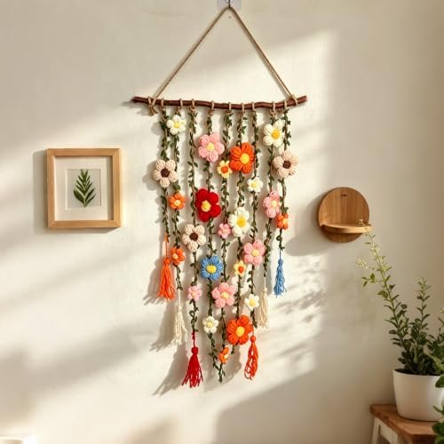 Handmade Crochet Flower Wall Hanging Boho Crochet Flower Wall Decor Cotton Floral Decor 17.72IN Macrame Wall Art Decor for Apartment Bedroom Nursery Backdrop Dorm Living Room by Unknown