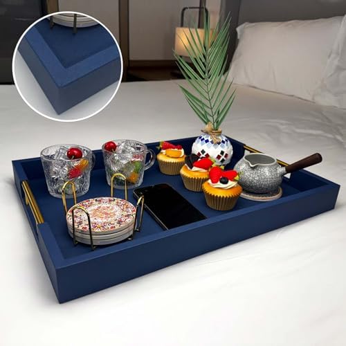 14x20 Inches Blue Faux Leather Wrapped Wood Serving Tray with Metal Handles for Various Occasions, Ottoman, Home Decor Decorative, Living Room, Coffee Table Organizer, Serving Breakfast On Bed - Image 4