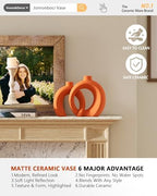 Set of 2 Orange Ceramic Vases for Home Decor Accents - Unique Hollow Donut Artistic Design Mid-Century Modern Eclectic Fall Style Decorative Vases for Shelf, Mantel, Entryway Table Decor(Matte Orange) - Image 5