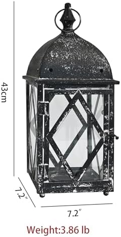 Vintage Metal Candle Lantern with Glass 17in Distressed Blue Rustic Large Farmhouse Hanging Candle Holder Lanterns for Indoor & Outdoor Front Porch Table Centerpiece Decor Black - Image 5