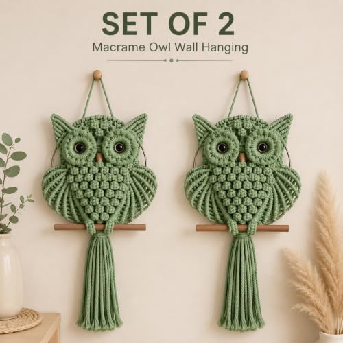 Bohemian Owl Macramé Wall Hanging Pack Of 2, Green, 12 x 23 Inch - Image 2