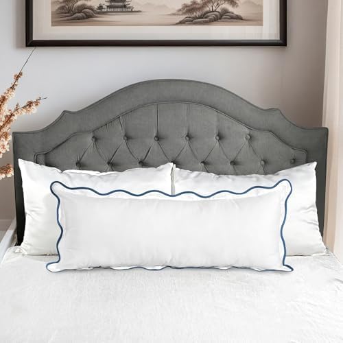 Ridhi White with Blue Scalloped 100% Cotton Throw Pillow Covers 14x36 Inch - Image 2