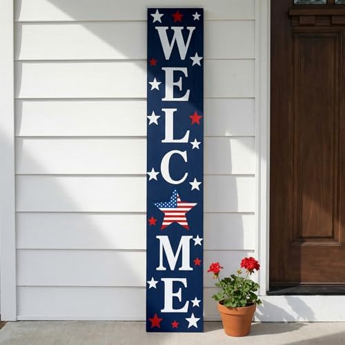 Vertical Patriotic Welcome Porch Sign,4th of July Wooden Decoration for Front Porch,250th Anniversary Memorial Day Wooden Porch Sign for Outdoor Patio. by Unknown