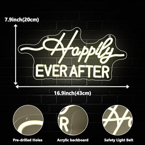 Happily Ever After LED Neon Light Sign, Wedding Neon Lights for Bachelorette Bridal Engagement Party Decoration Bridal Shower Wall Decor Valentine's Day Night Light Dimmable USB Powered(16.9"*7.9") - Image 3