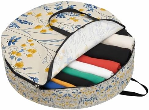 Vintage Flower Round Storage Bag 36 Inch, Watercolor Yellow Blue Floral Vintage Leaf Linen Texture Clothes Storage Container with Handles Heavy Duty Organizer for Comforter, Bedding & Holiday Wreaths by Unknown