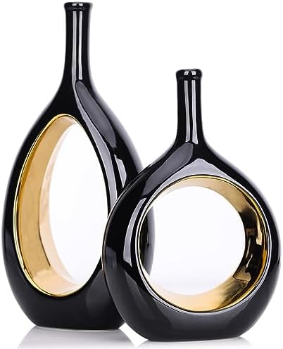 Black and Gold Vase Ceramic Black Vases Home Decor,Modern Minimalist Circle with Hole Decorative Vase, Hollow Ellipse Flower vases for Bookshelf, Fireplace Mantle, Centerpieces,Farmhouse,Rustic Décor by LCCCK