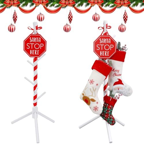 Geelin 39.37 Inches Inch Christmas Wooden Stocking Holder Stand Freestanding Christmas Stocking Stand Rack with 7 Hooks with Red Ribbon for Xmas Living Bedroom Room by Geelin