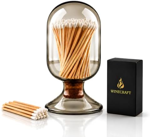 Includes Matches ! | Smoke Gray Glass Matches Cloche | Grey Tinted Decorative Match Holder Jar for Candles Set Display Gift by MatchesUSA
