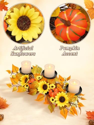 Alphatool Fall Centerpieces for Tables, 3 Candle Holders with Sunflowers - Image 4