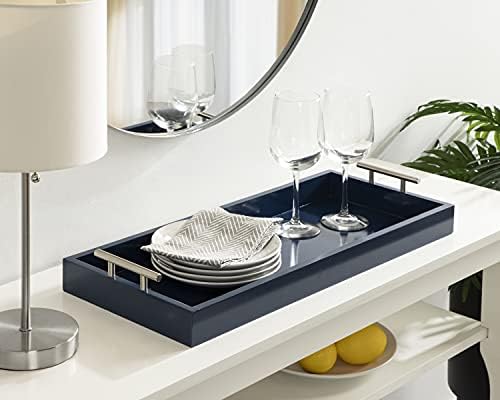 Kate and Laurel Lipton Narrow Decorative Tray; 10 x 24; Navy Blue and Silver; Chic Accent Tray for Display and Storage - Image 2