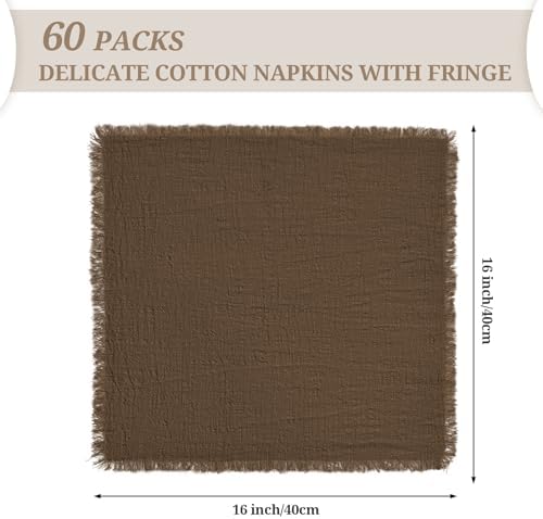 Pesonlook 60 Pcs Brown Handmade Cotton Cloth Napkins with Fringe,16x16 Inch - Image 2