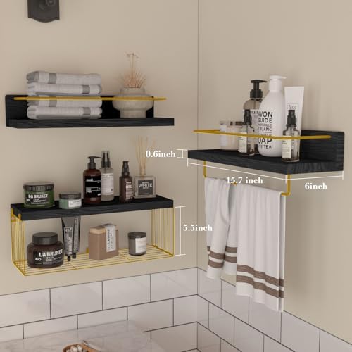PopiShelves Bathroom Shelves Over Toilet for Wall, Floating Shelves with Storage Basket Paper Holer for Kitchen Living Room, Bedroom & Classroom, Set of 3 (Black and Gold) - Image 3