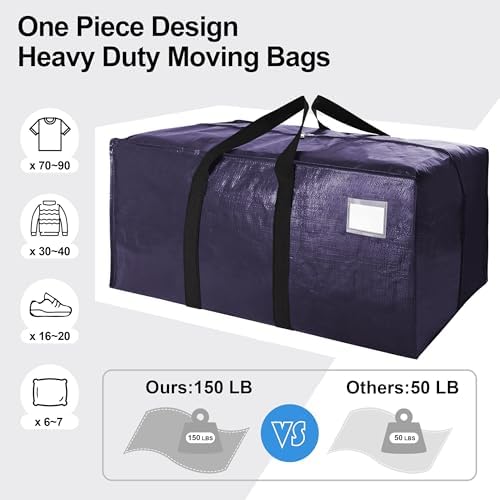 6 Pack Heavy Duty Extra Large Moving Bags W/Backpack Straps - Strong Handles & Zippers, Storage Totes For Space Saving, Fold Flat, Alternative to Box and Bin (40 gal, Blue) - Image 5