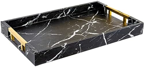 Home Redefined Modern Elegant 17.5"x12" Rectangle Black Marble Faux Leather Decorative Tray Ottoman Coffee Table Perfume Living Room Kitchen Serving Tray with Gold Polished Handles for All Occasion's by HomeRedefined