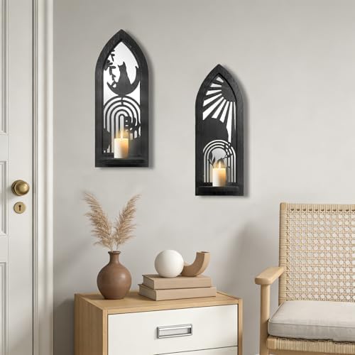 ZEXUIRU 2 Set Rustic Candle Sconces Living Room Bedroom Entryway Wood Mirrored, Farmhouse, Carved Frame Wall-Mount Wooden Candle Holders Wall Decor Hanging Handmade Holder - Black - Image 3