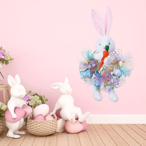 Easter Wreaths for Front Door with Lights,Easter Door Wreath,Easter Mesh Wreath,Bunny Spring Colorful Easter Decorations Holiday Ornament for Home Indoor Outdoor Supplies (Blue Bunny) - Image 7