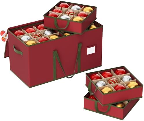 Large Christmas Ornament Storage Box, Dual Zippers, Stackable Christmas Storage Container with Lid, 6 Trays, 600D Oxford, Fits 54-4”, Red by Unknown