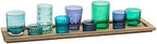 Creative Co-Op 9-Piece Blue and Green Glass Votive Holders on Wood Tray, Multicolor by Unknown