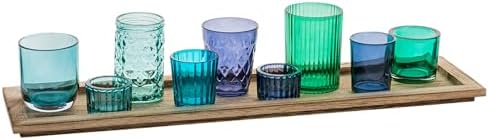 Creative Co-Op 9-Piece Blue and Green Glass Votive Holders on Wood Tray, Multicolor by Unknown