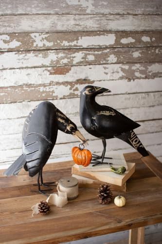 First of a Kind Set of 2 Recycled Iron Crows Holding a Pumpkin - Distressed Recycled Iron Halloween Fall Decor - Black, 16.5 Inch - Image 2