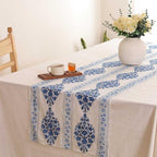 Hand Block Printed Cotton Table Runner, Machine Washable Cotton Runner, Boho Floral Centerpiece Accent for Dining Tables and Buffet Cabinets, 16x70 Inches - Blue & Ivory - Image 2