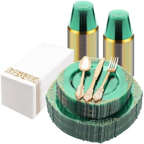 Bestluck 175PCS Clear Green Plastic Plates for 25 Guests by Bestluck
