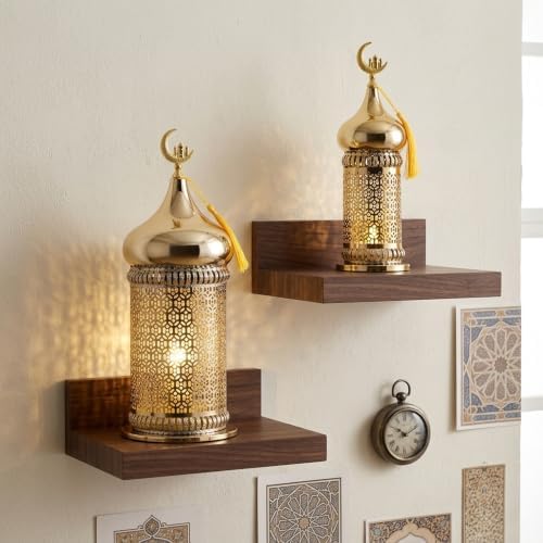TRIROCKS Metal Ramadan Lanterns Set of 2 Gold Plated Candle Holders 14" &11.5" H Crescent Moon Intricate Etched Vintage Decor Table Lamps for Indoor/Outdoor Decor, Perfect EID Mubarak Gift - Image 6