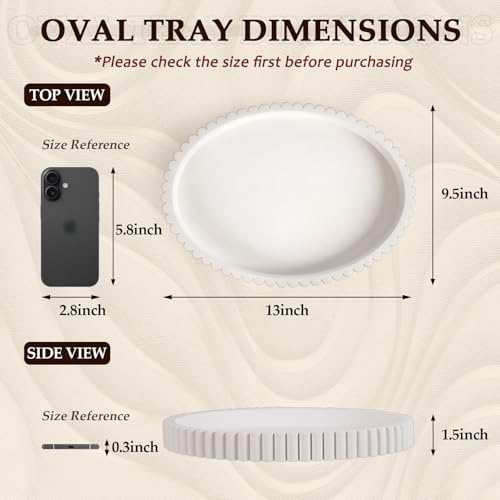 Oval Tray for Coffee Table Decor, 13" Concrete Coffee Table Tray, White - Image 3