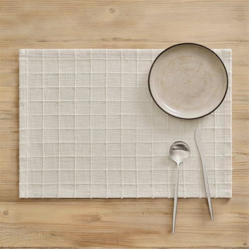 ZeeMart Artisanal Grid Decorative Linen Placemats Set of 6, Ivory by ZEEMARTONLINE