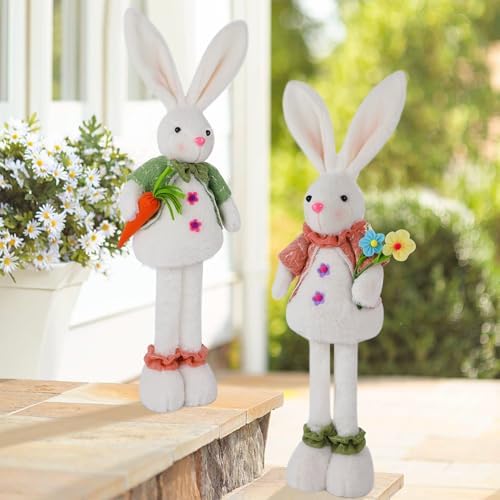 Glintoper 2 Pack Easter Standing Bunny with Stretchable Legs, 18" to 25" Plush Rabbits Couple Figurine, Cute Party Favor Photo Props Gifts for Office Kitchen Farmhouse Front Door Spring Home Decor - Image 5