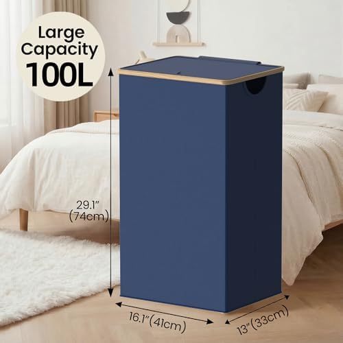 efluky Laundry Basket with Lid and Removable Bag, 100L Tall Laundry Hamper with Bamboo Handles, Aesthetic Dirty Clothes Bin for Laundry Room, Bathroom, Bedroom and Dorm, Blue - Image 2