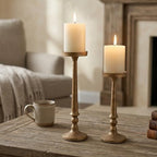 BANOMII Vintage Iron Pillar Candle Holders Set of 2, Antique Brass Gold - Image 7