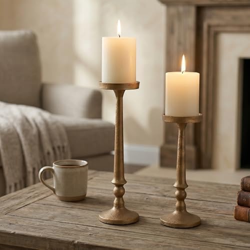 BANOMII Vintage Iron Pillar Candle Holders Set of 2, Antique Brass Gold - Image 7