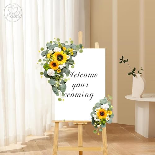 Odouzy Artificial Wedding Arch Flowers for Wedding Sign,Set of 2 for Welcome Ceremony Sign,Faux Floral Swags,Banquet and Reception Backdrop Floral Decoration (Green&Sunflower) - Image 3