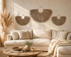 PEMAR Set of 3 Woven Seagrass Fan Wall Decor - Large Boho Raffia Jute Wall Hanging Hanging Decor for Living Room Bedroom, Handmade Rustic African Fan Wooden Wall Art, Unique Housewarming Gift (XL: 35.4" D, L: 27.6" D, M: 19.7" D) - Image 2