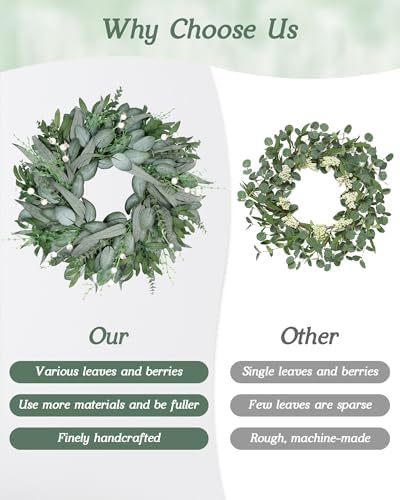 Vlorart 24 Inch Summer Wreath for Front Door, Artificial Outdoor Eucalyptus Wreath, Spring Green Wreaths for Front Door, Boxwood Wreaths with Berries and Olive Leaves for Outside Year Round - Image 3