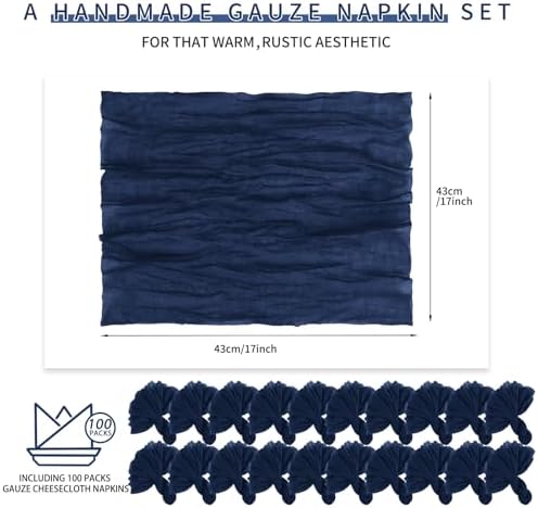 100 Pieces Cloth Napkins Navy Blue Dinner Cheesecloth Napkins for Wedding,Wrinkled Cloth Napkins Bulk for Home Party Rustic Table Decoration, 17 x 17 Inch - Image 2