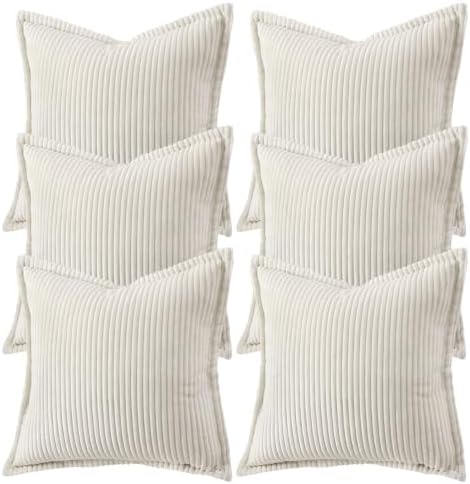 6 Sets Throw Pillow Covers 18 x 18 Cream White Spring Corduroy Striped Boho Beige Pillow Covers, Cushion Pillow Cases for Farmhouse Decor, Living Room Bed Sofa by MuxhelUS
