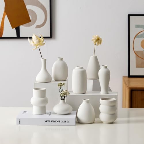 Set of 9 Ceramic Bud Vases for Pampas Grass Flowers, Small Vases in Bulk for Centerpieces Boho Vases for Wedding Decorations Neutral Living Room and Bedroom Decor DIY Gift (White) by Fulloog