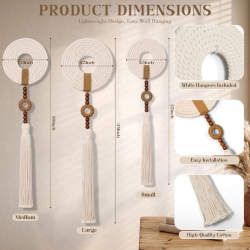 Tegeme 3 pcs Macrame Wall Hanging decor, Woven Tassel, Beige, Wood - Image 2